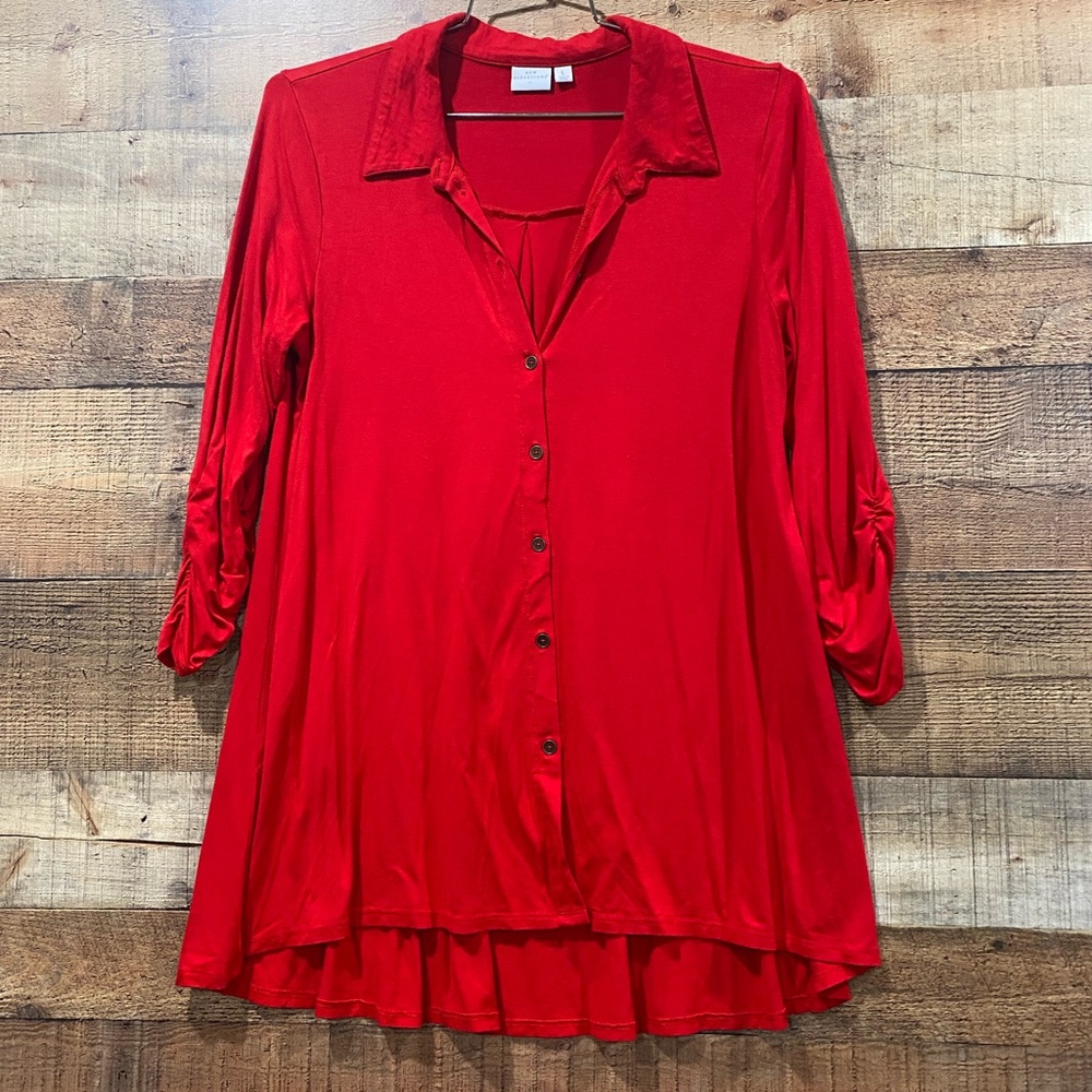 New Directions Red Button Down Stretchy Blouse Size Large